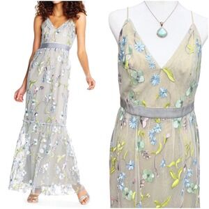 Adrianna Papell Embroidered Floral Lace Mermaid Gown Sz 6 Fairy Garden Ethereal